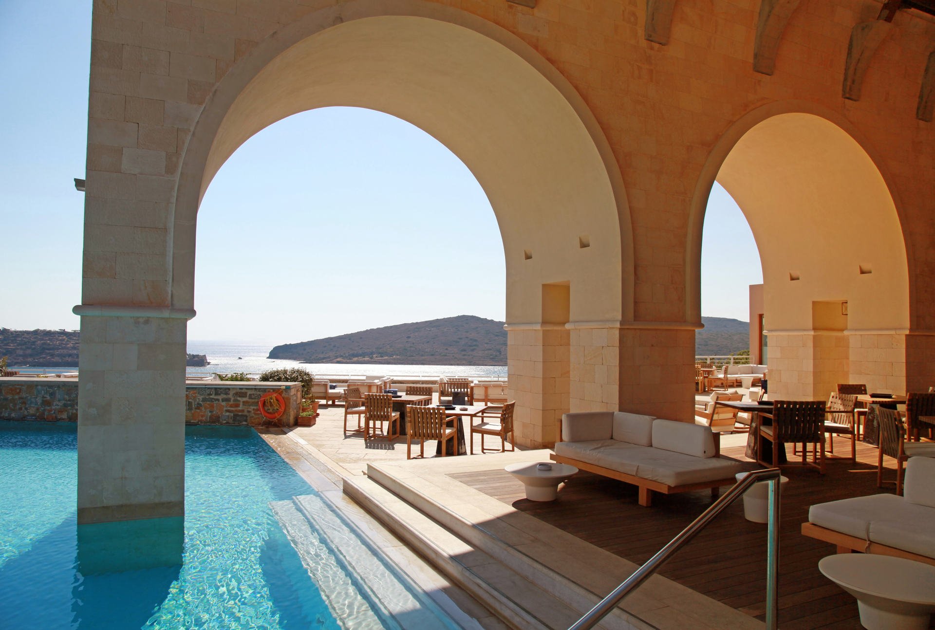 Beautiful Mediterranean sea view with arch pool terrace on summer luxury resort