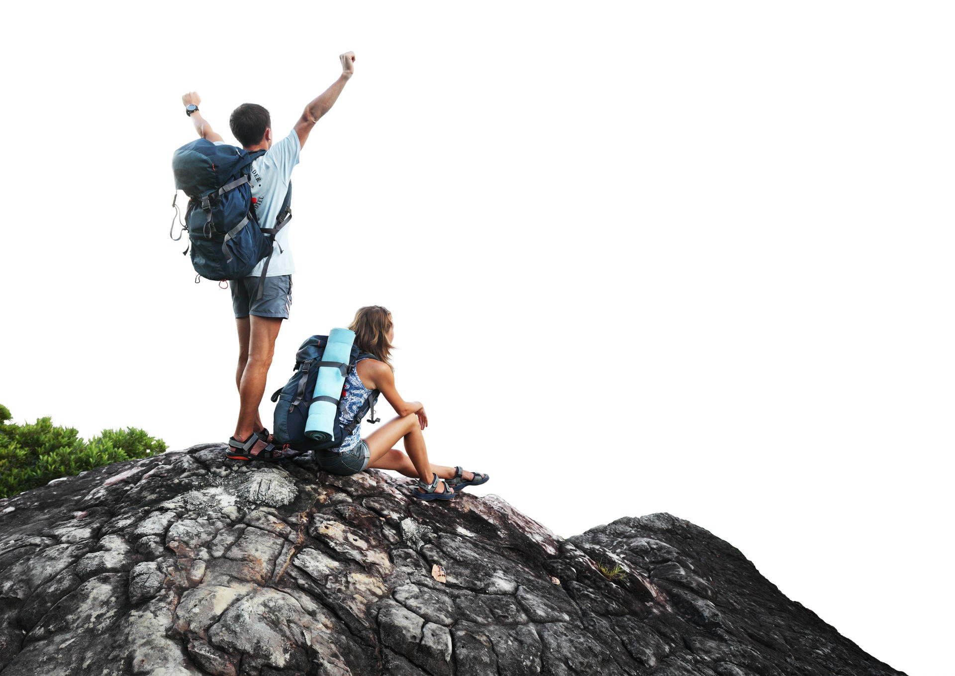Two hikers with backpacks on top of a mountain isolated on a white background