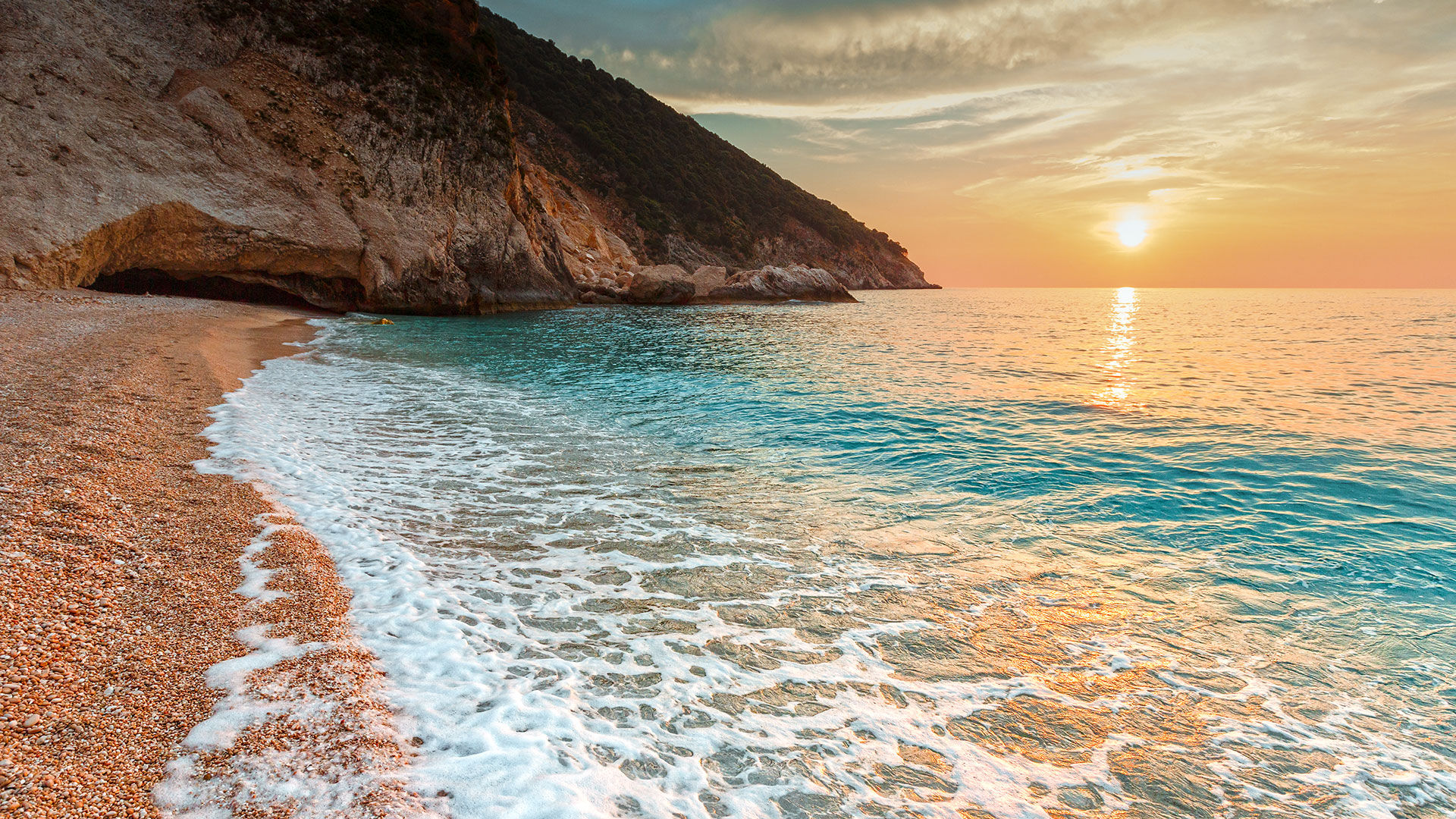 Facing west, Myrtos rewards you with magical sunsets
