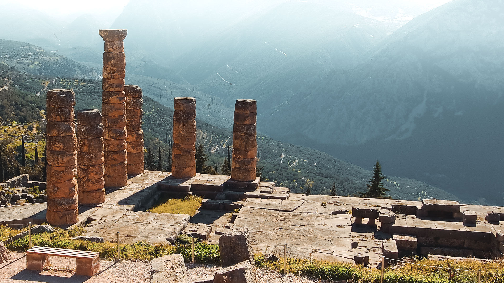 Six broken Doric columns remain of Delphi's most important structure, the Temple of Apollo