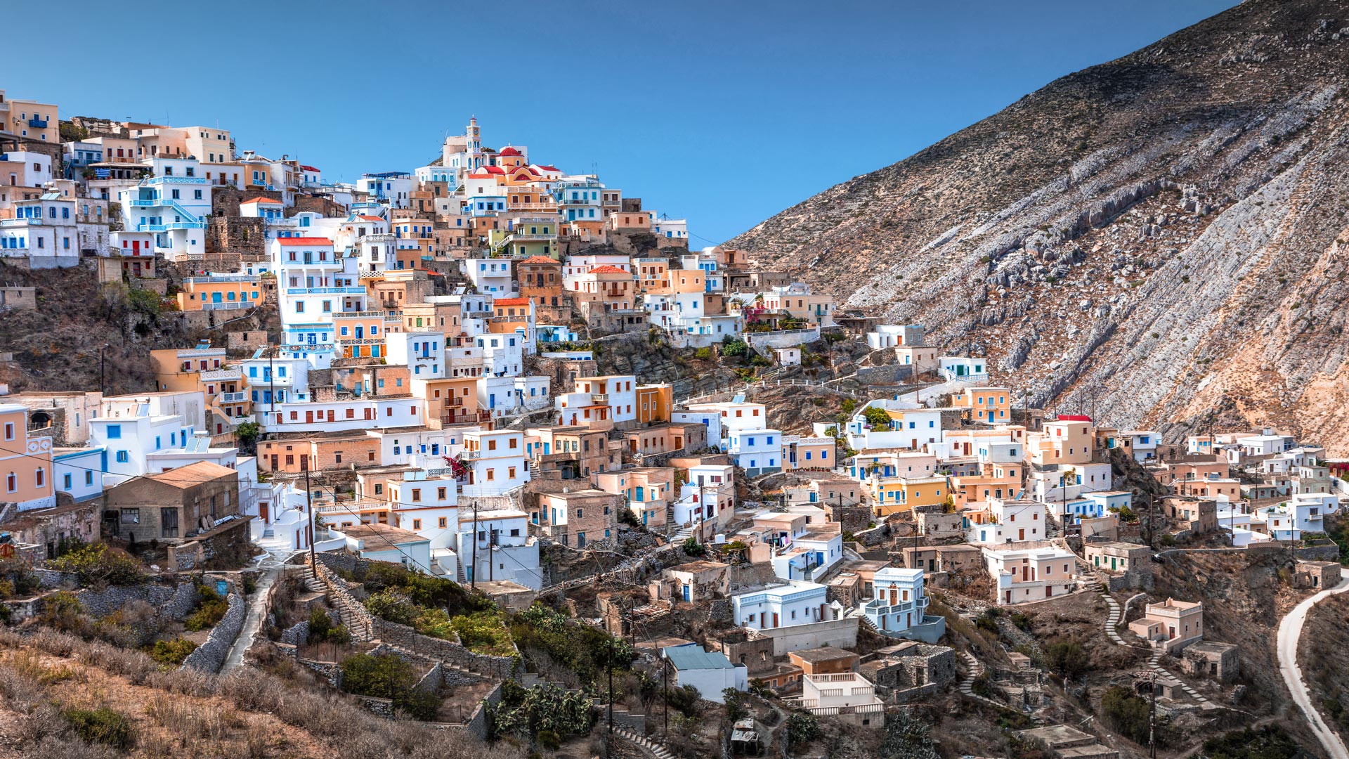 Olymbos, the most famous village in Karpathos island, with panoramic views