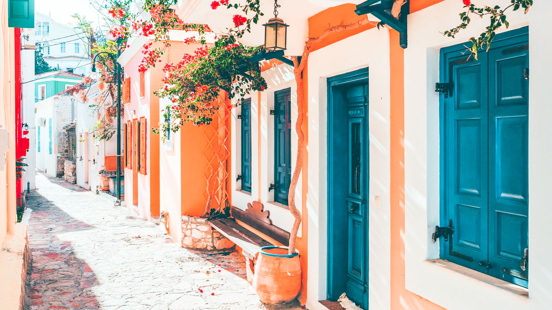 Colorful architecture in a street of Halki village, Dodecanese