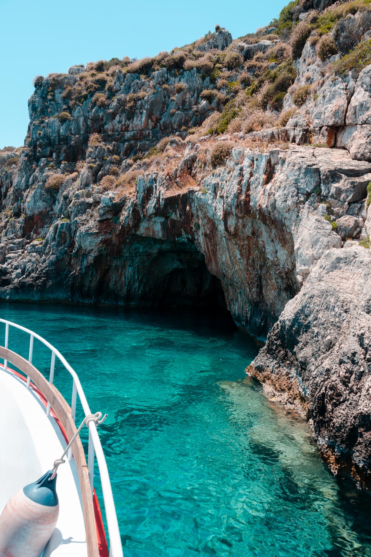 Most boat trips start from Agios Nikolaos and follow the coastline north, where the Blue Caves are located
