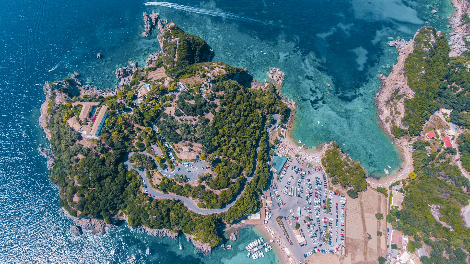 Paleokastritsa bay and cliffs, as seen from above and Paleokastritsa Monastery