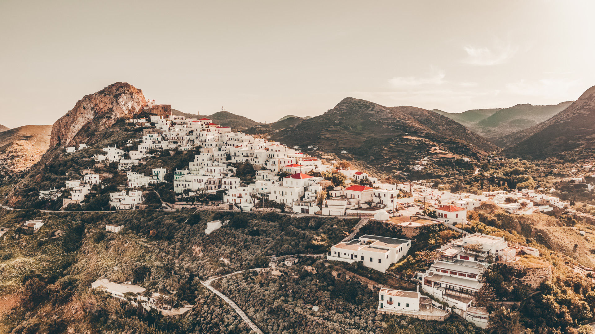 Crowned by a Venetian castle, the main town’s sugar-cube houses sprawl down the mountainside
