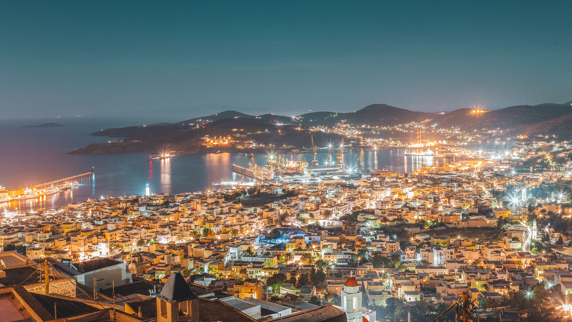 Ermoupoli, the port town of Syros at night