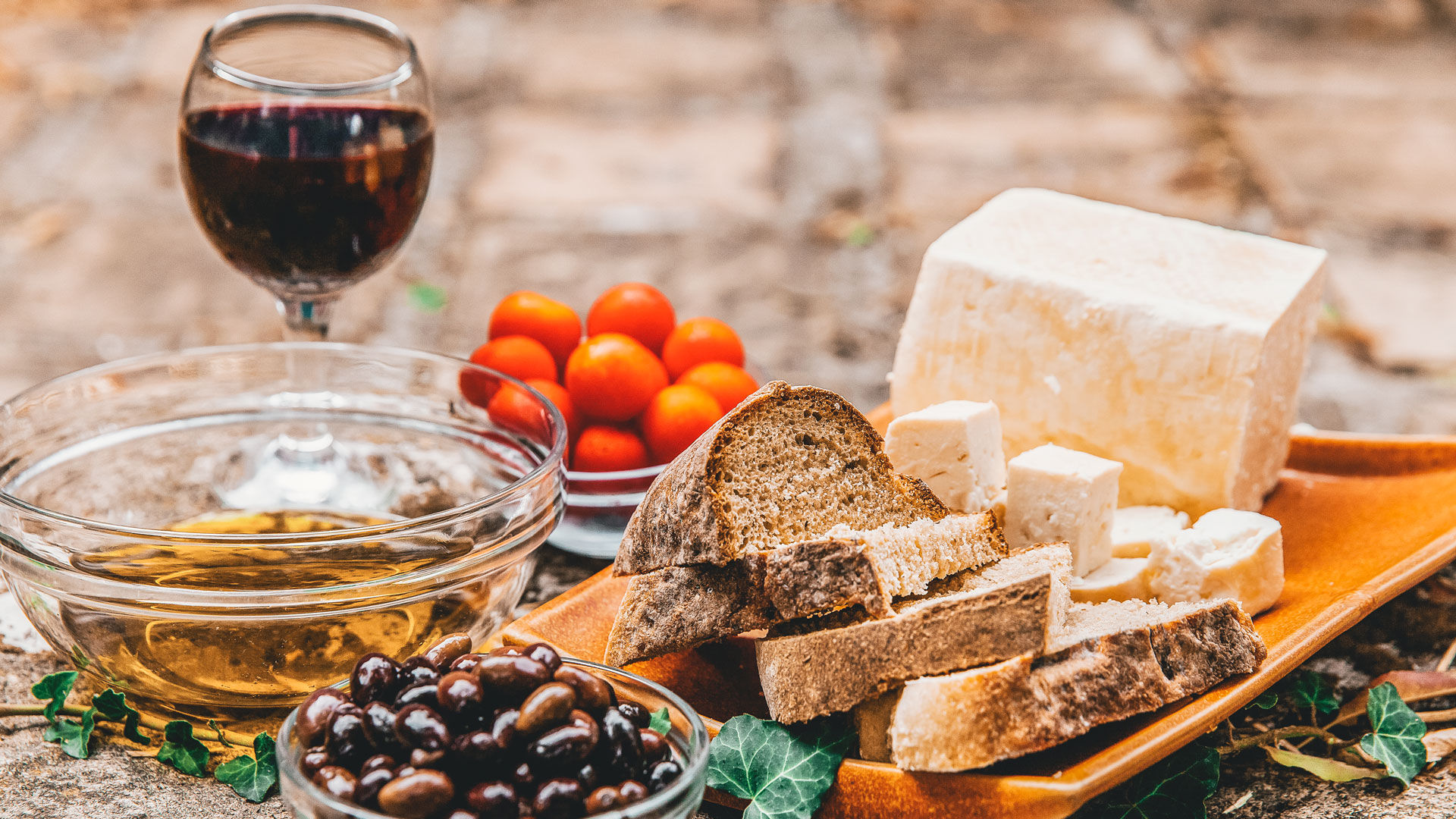 Local olive oil, wine, olives and cheese