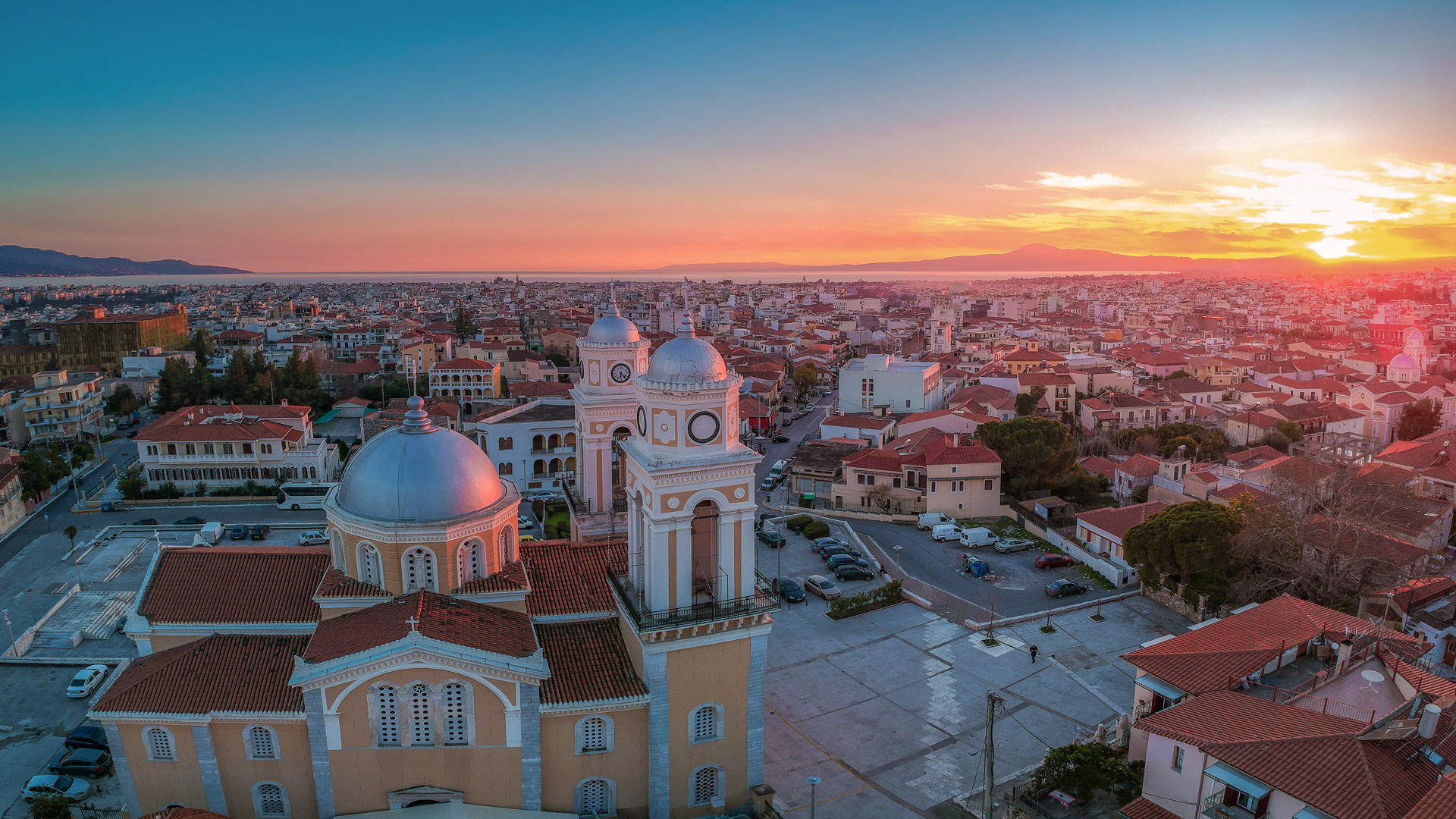 Aerial scenic view of  Kalamata City at Sunset
