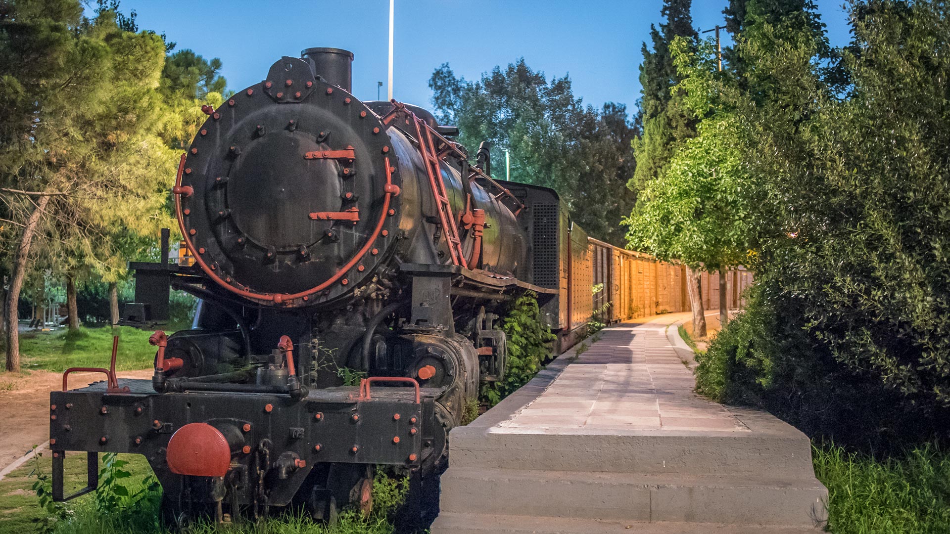 Old steam train at the Municipal Railway Park of Kalamata city