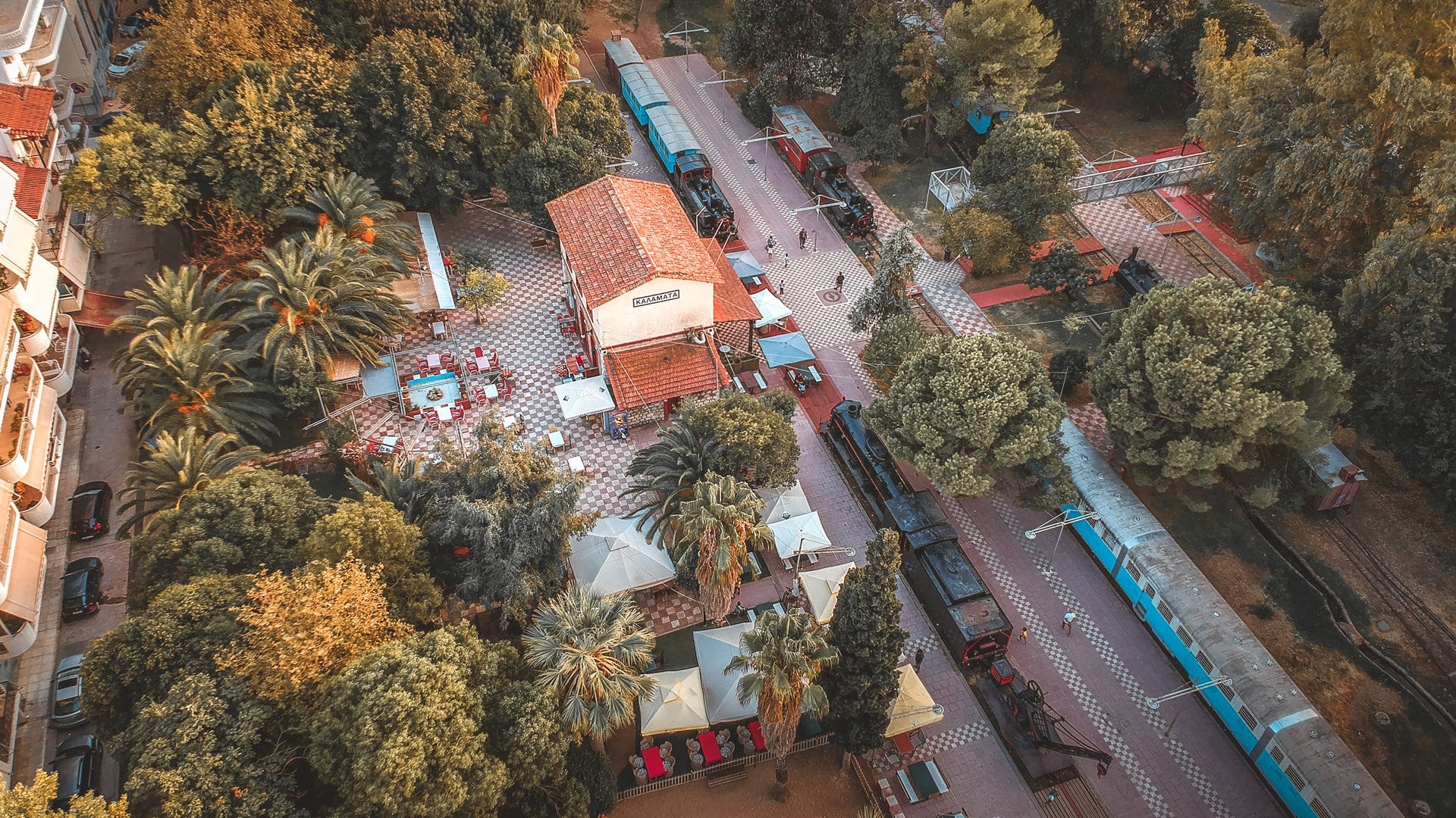 Aerial view over the Kalamata Municipal Railway Park the only open air museum of its kind in Greece