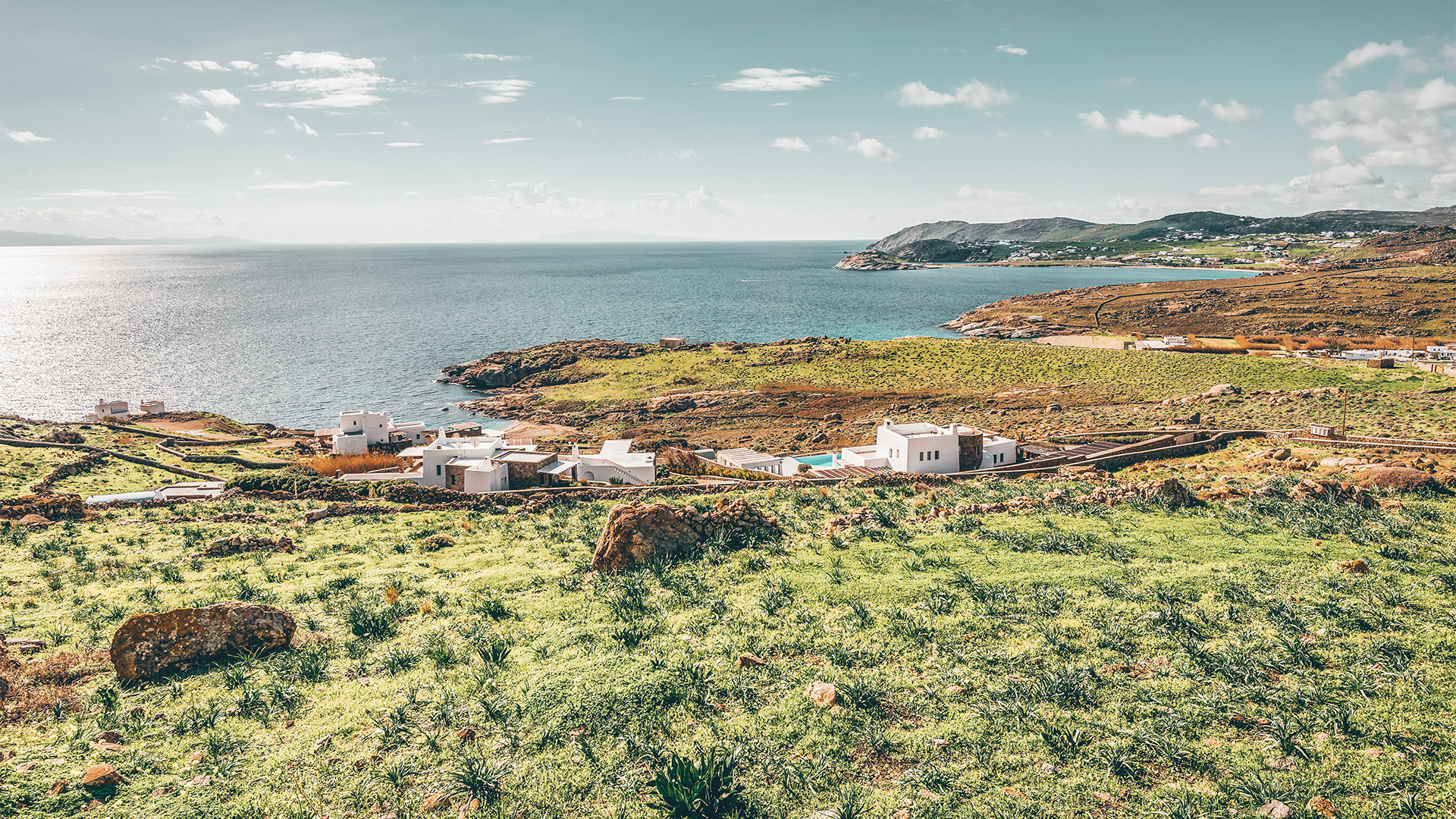 Spring on the island of Mykonos and amazing view to the Aegean