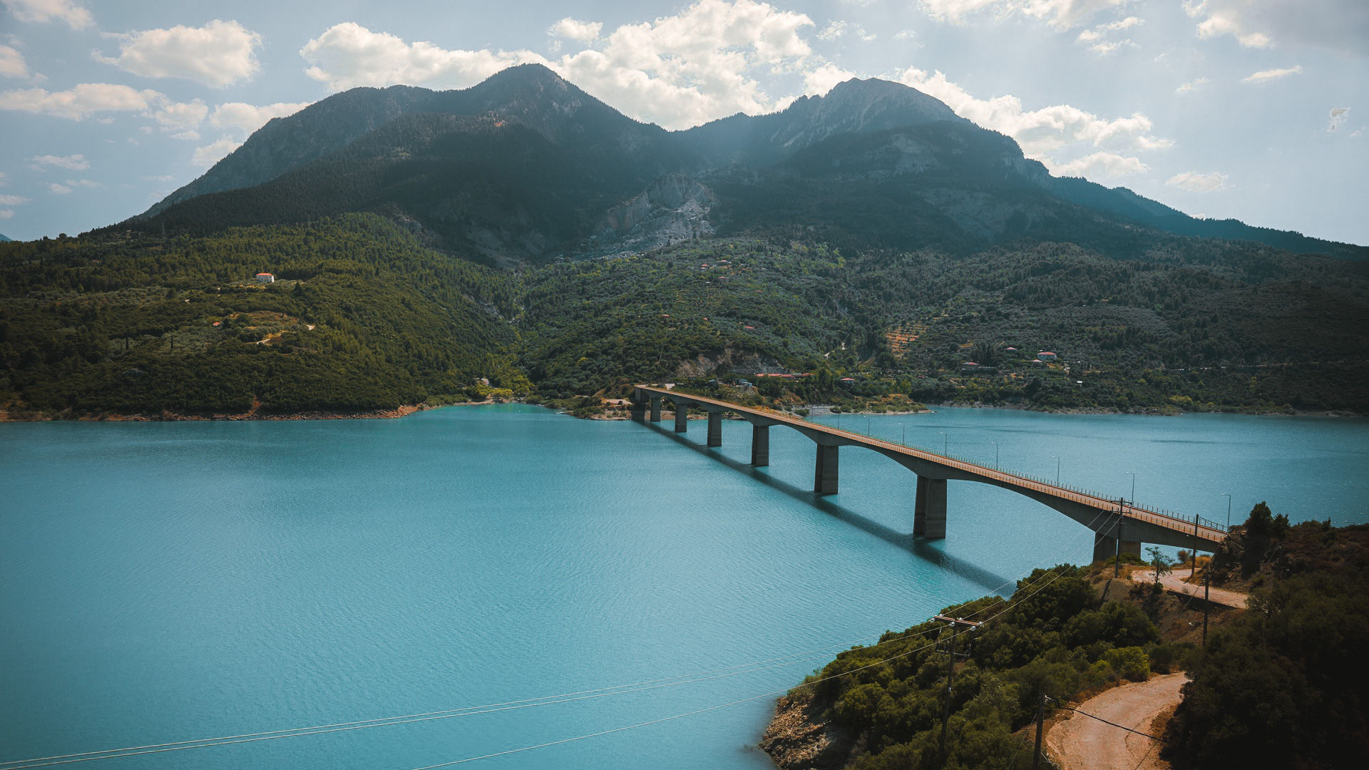 Scenic view from the mountain to Kremaston lake