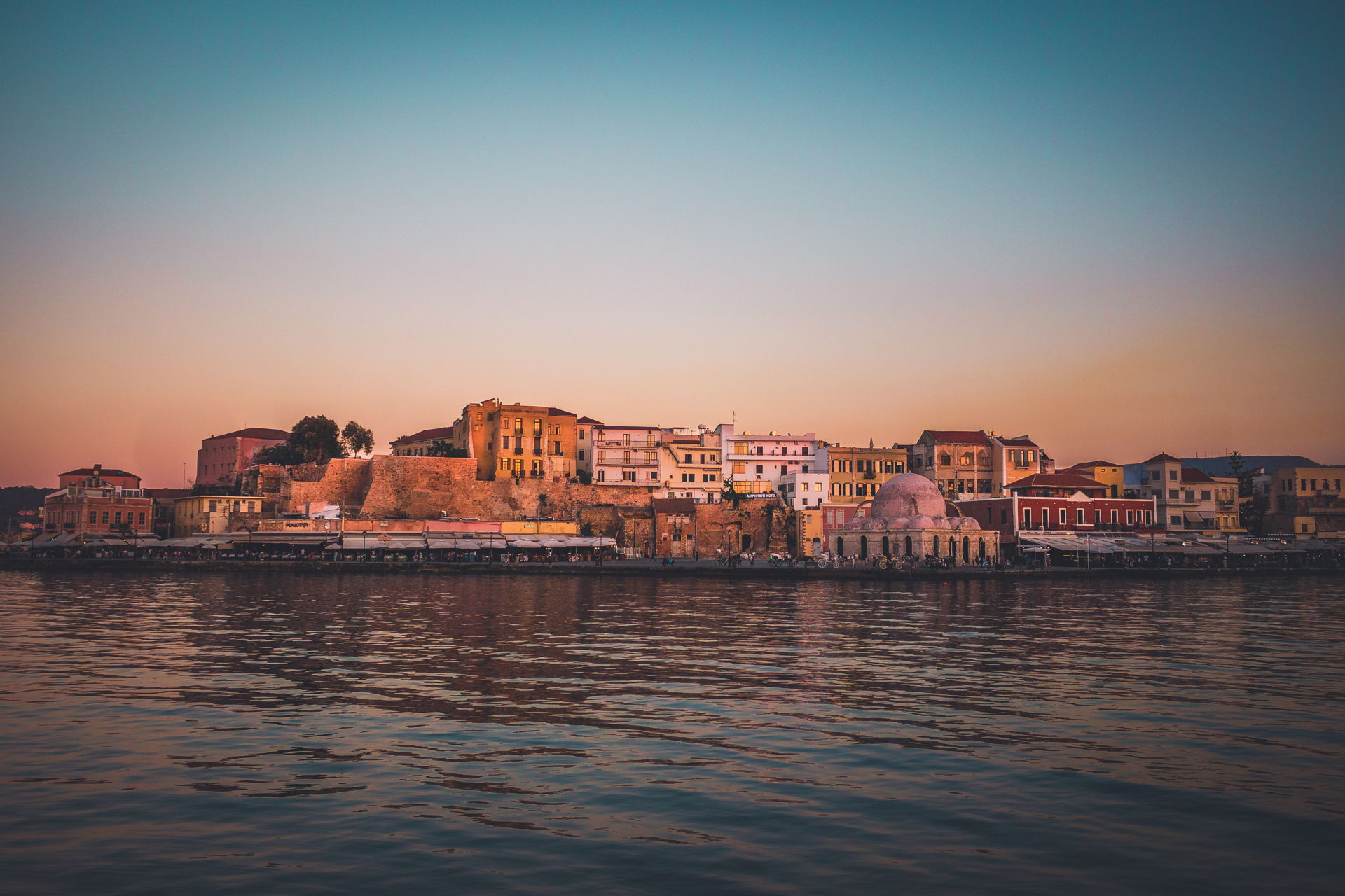 View of the Venetian Port of Chania at sunset