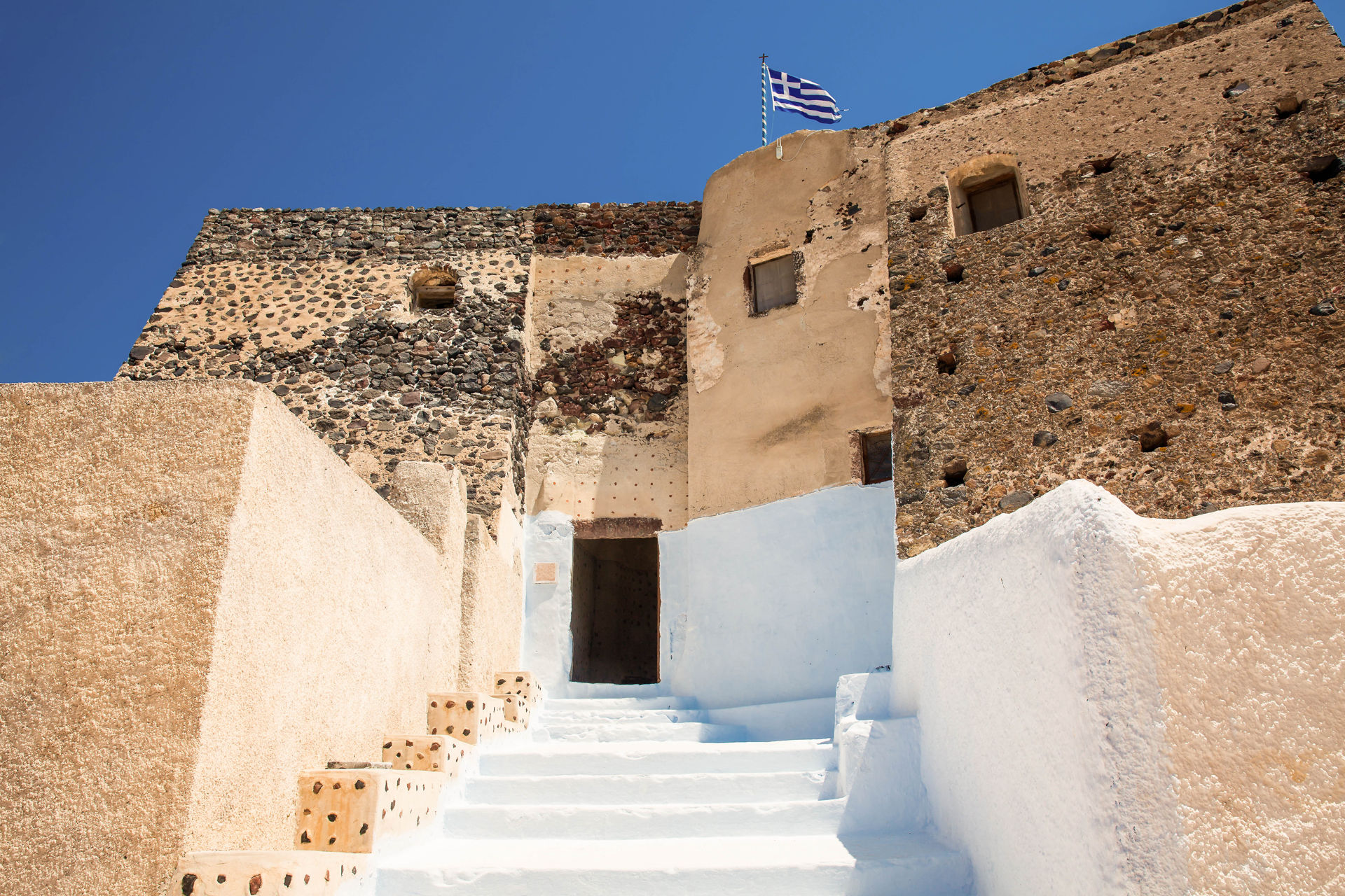 Ruins of the Castle of Akrotiri also known as Goulas or La Ponta, a former Venetian castle on the island of Santorini
