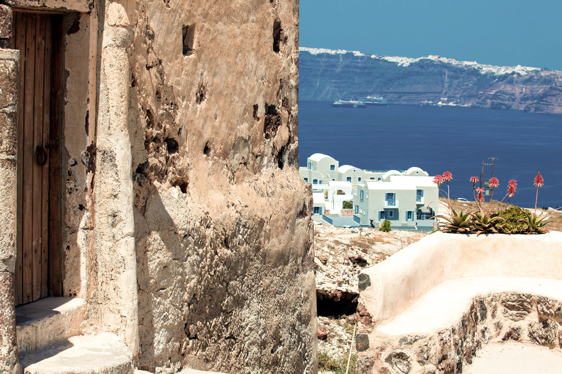 View of the Aegean sea from the ruins of the Castle of Akrotiri