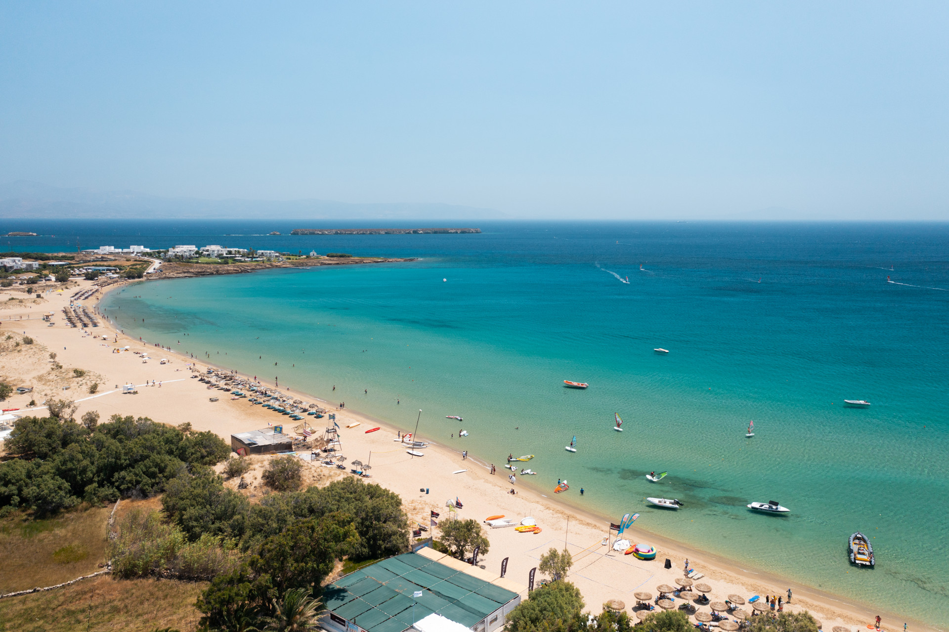 An aerial view of Chrissi Akti beach in Paros