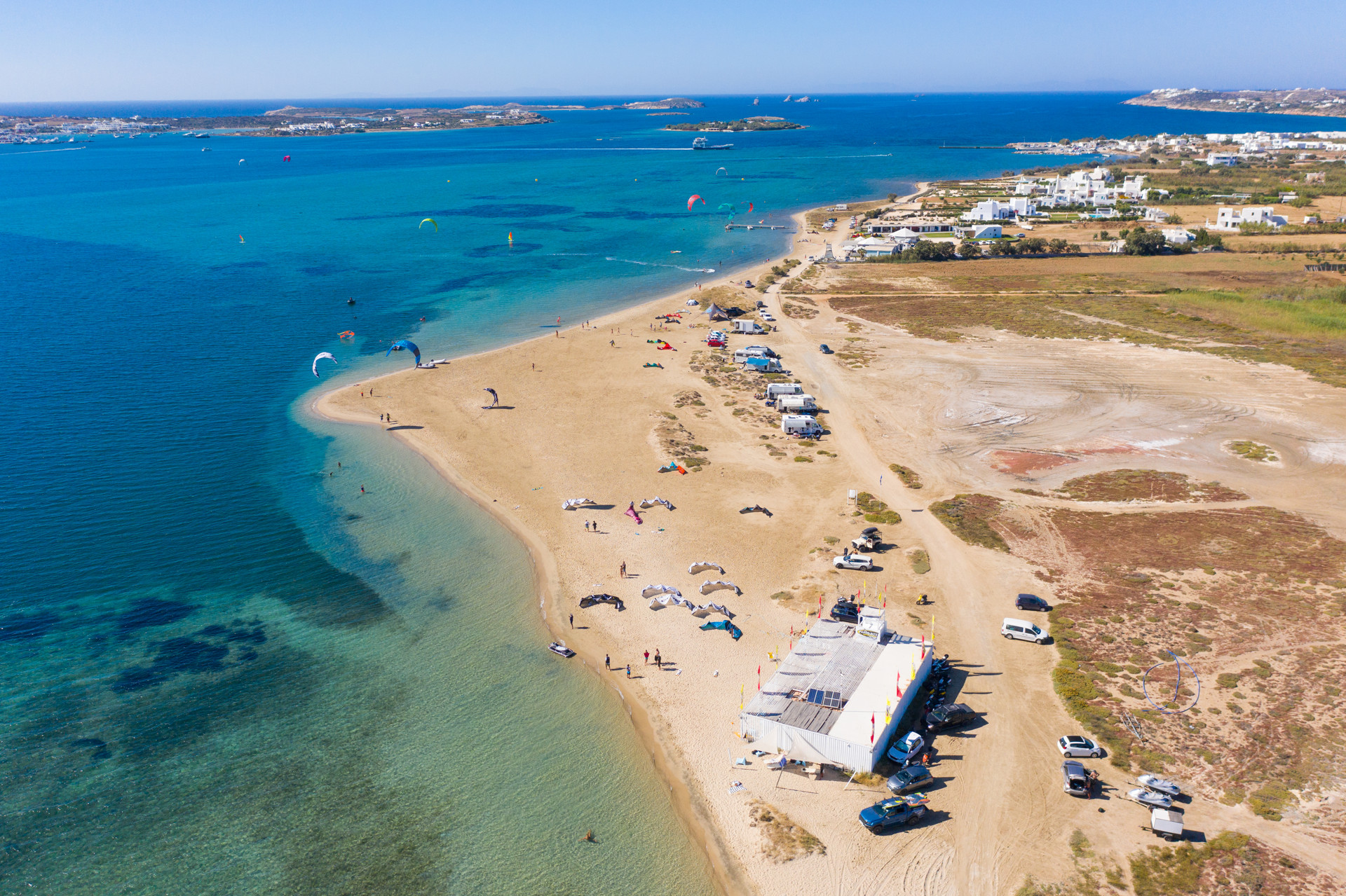 An aerial view of Pounda beach in Paros