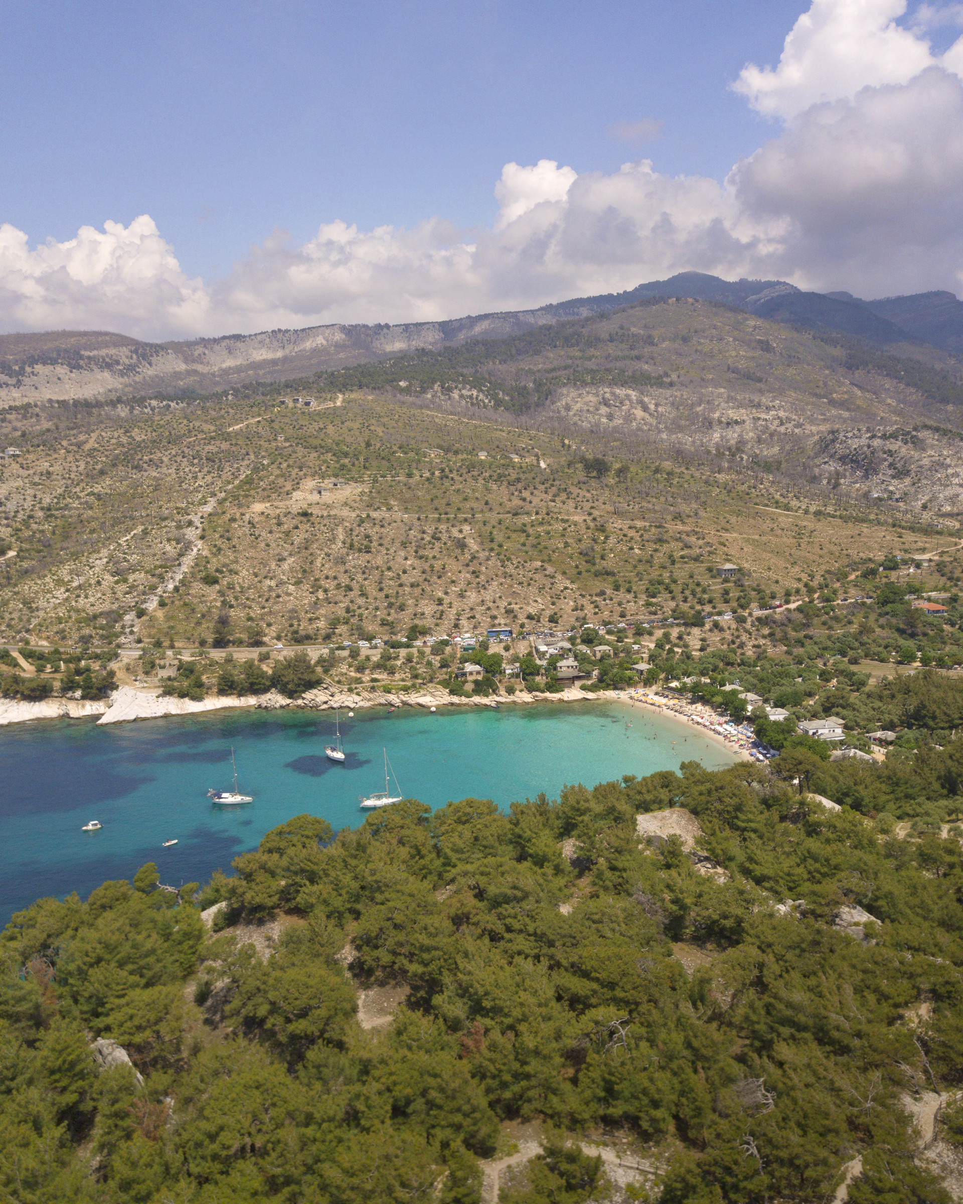 An aerial view of Aliki beach in Thassos 