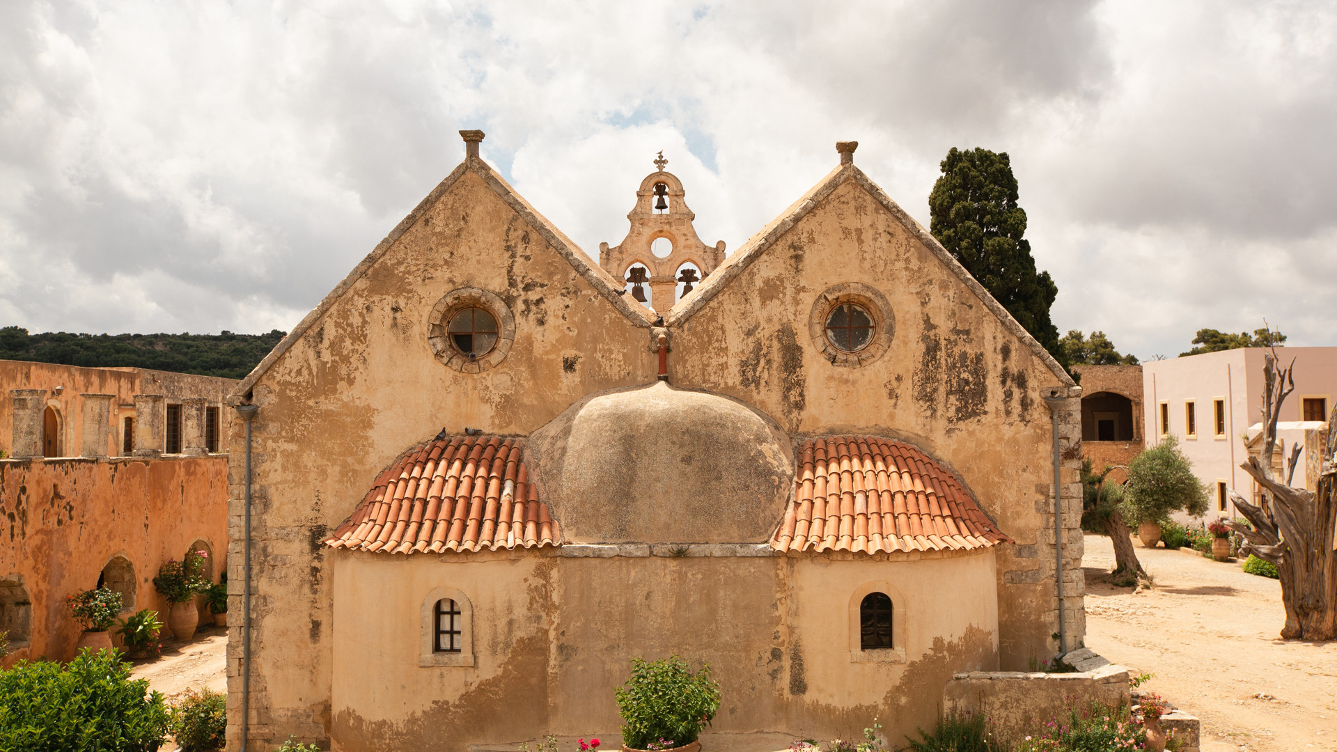 The two-aisled basilica of the main church of Crete’s Arkadi Monastery