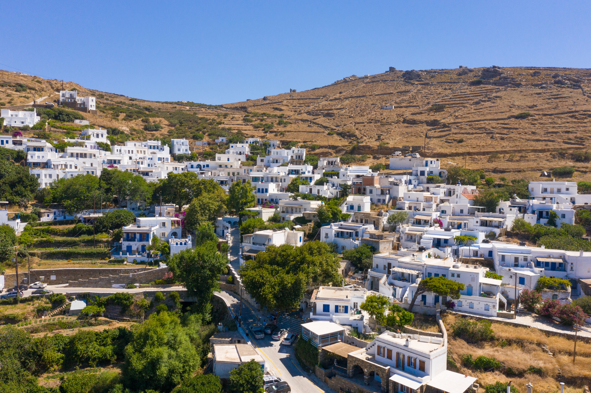 The characteristically whitewashed houses, brightly coloured doors and window frames of Dio Choria village