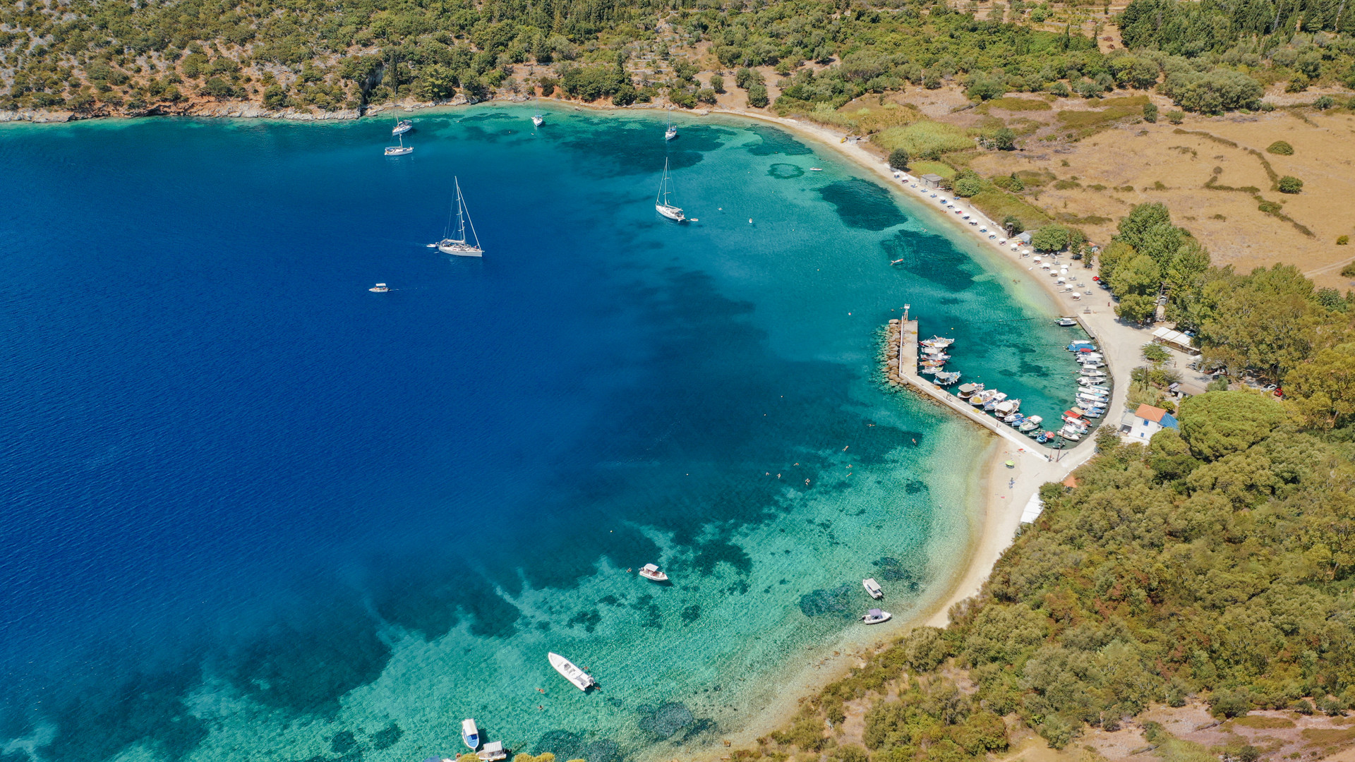 Aerial drone photo of bay and beach of Polis in Norther part of Ithaki