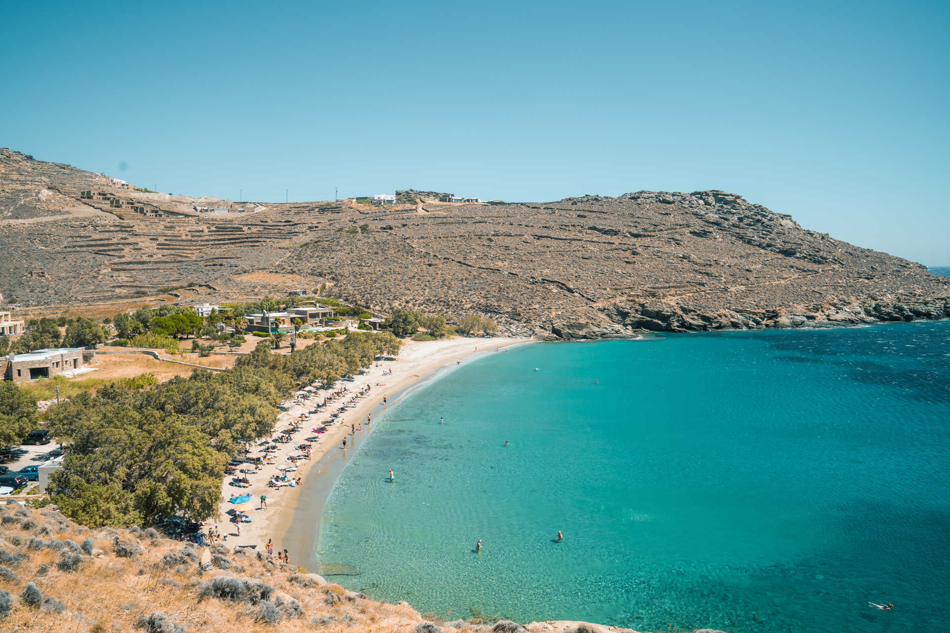 Aerial view of Kalyvia beach, Tinos