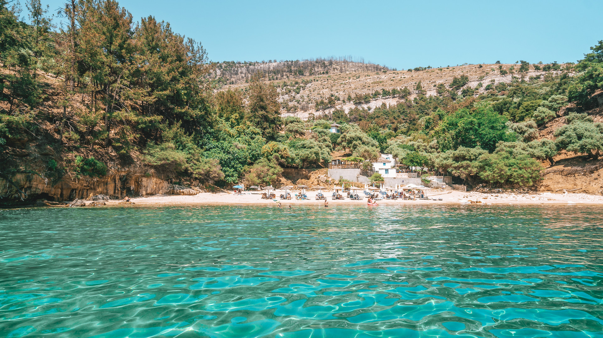 Arsanas beach sits in a tranquil cove in southern Thassos