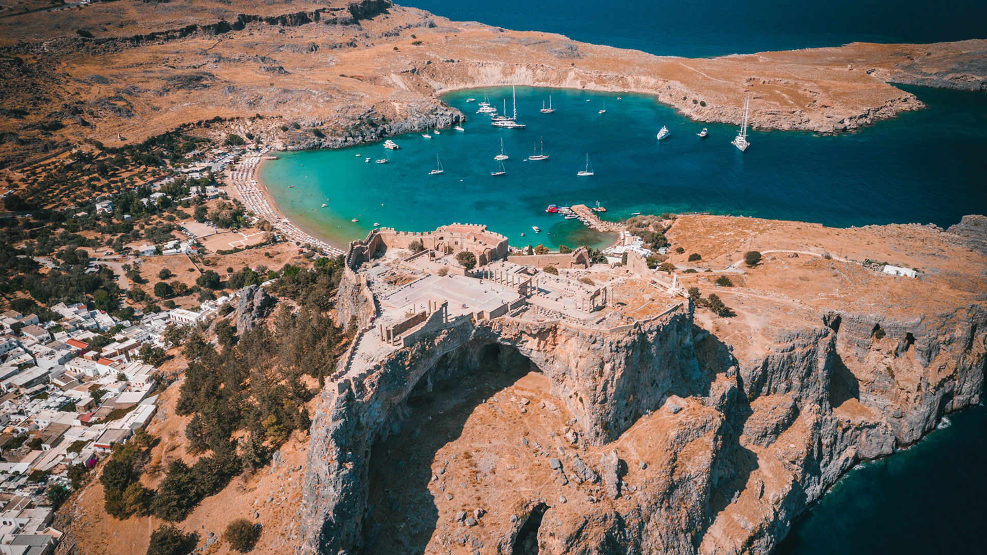 The Acropolis and the beach of Lindos, Rhodes