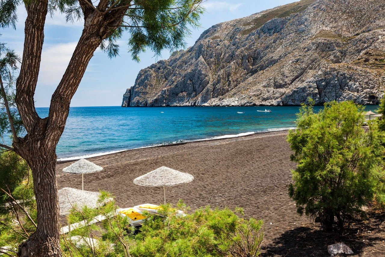 The black volcanic beach Kamari, Santorini