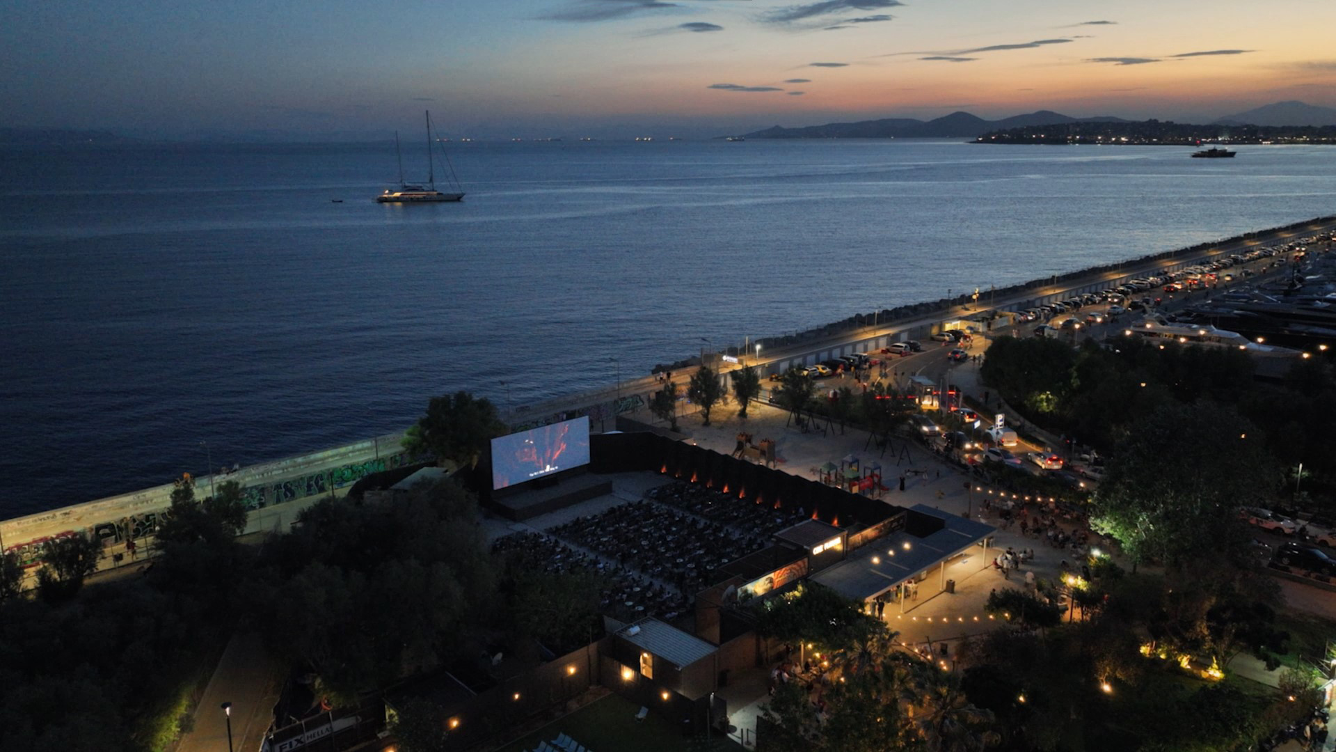Aerial view of an open-air cinema in Alimos
