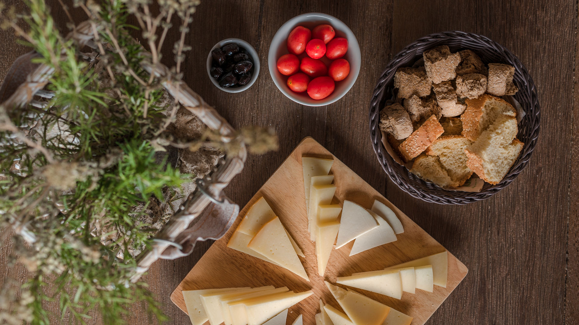 Thyme, Cheese, bread, tomatoes and olives from crete