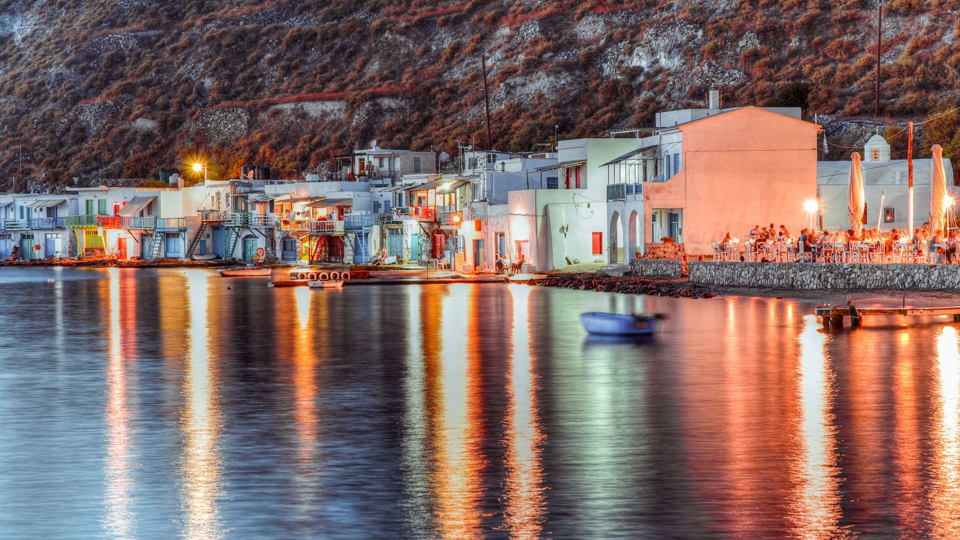 Colourful fishermen's boat houses at night, Klima village, Milos