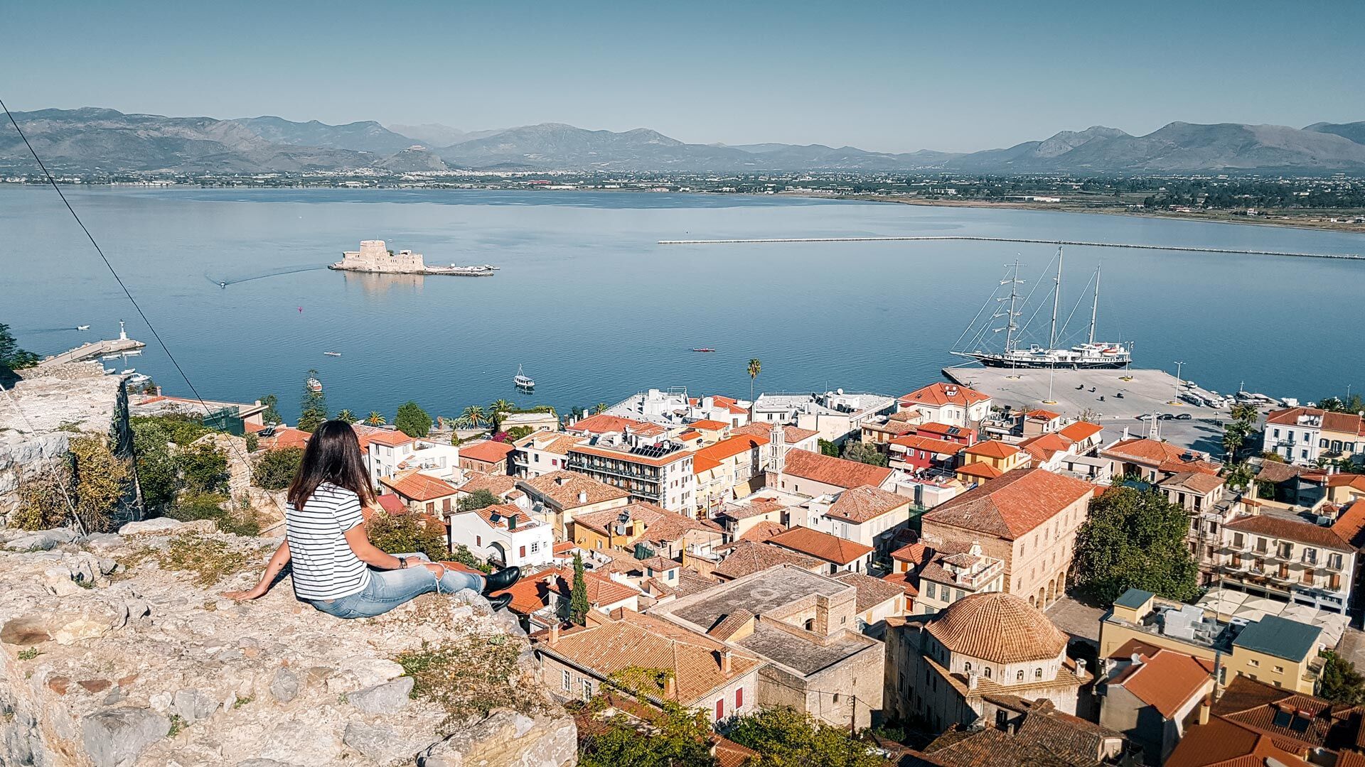 View of Nafplio city and Bourtzi castle from above