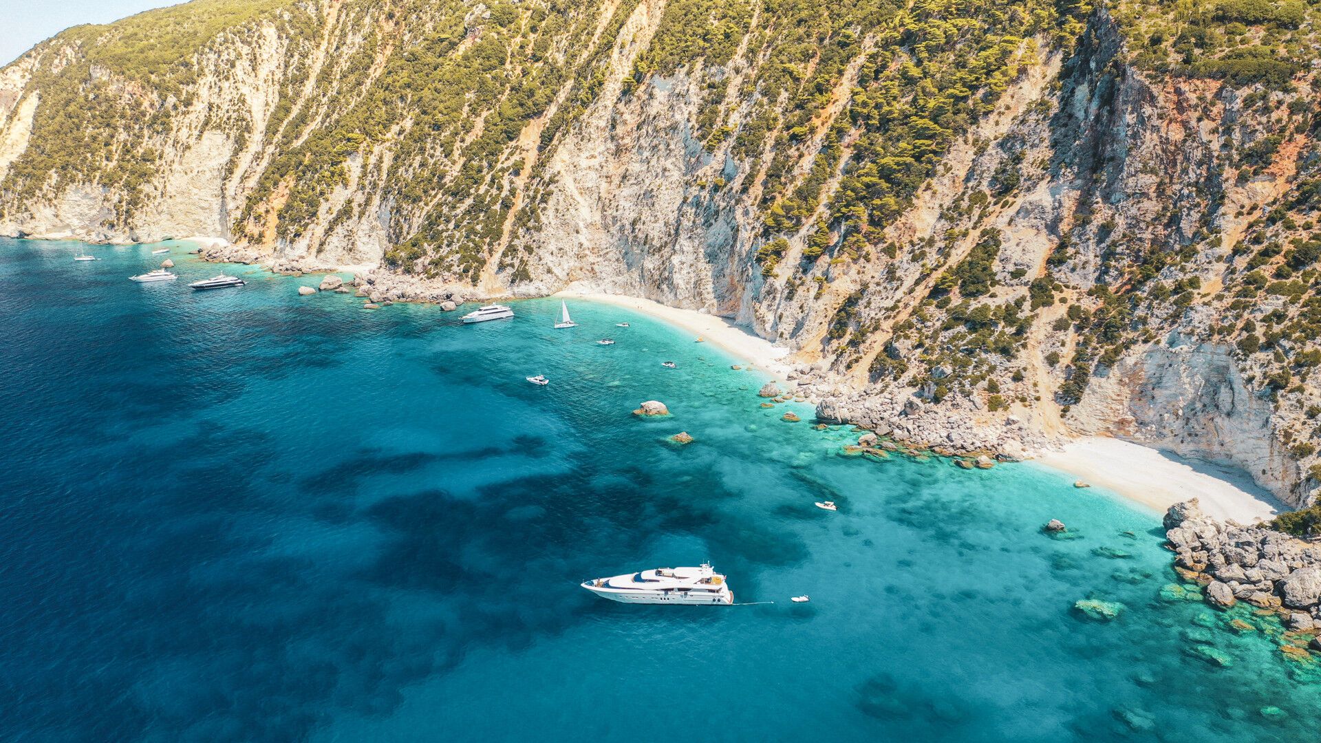 Aerial drone photo of beautiful paradise beach of Afales and white beach in beautiful Ionian island of Ithaki