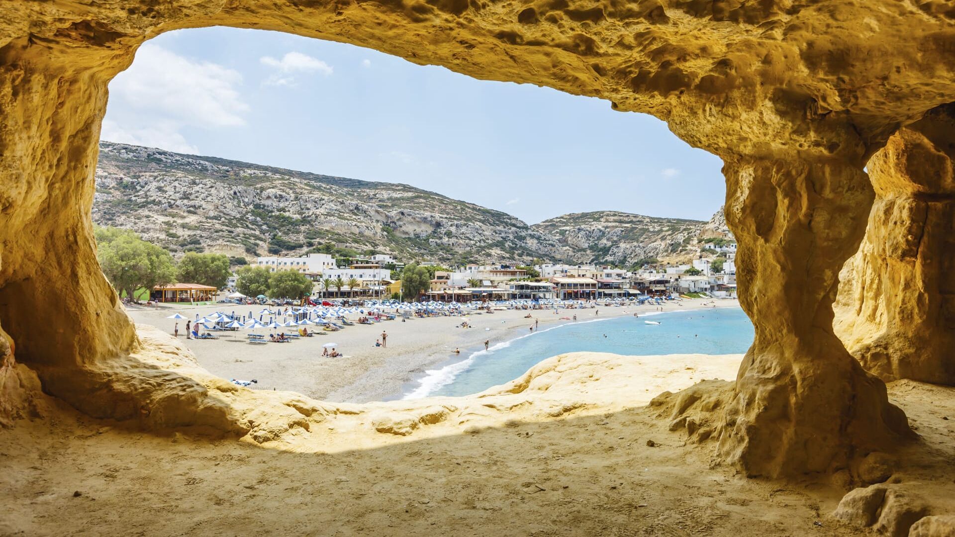 Matala beach from the limestone caves at the end of the beach