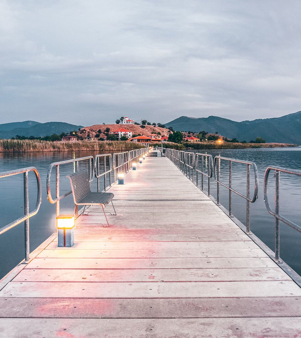 Floating bridge during sunset in Mikri Prespa Lake