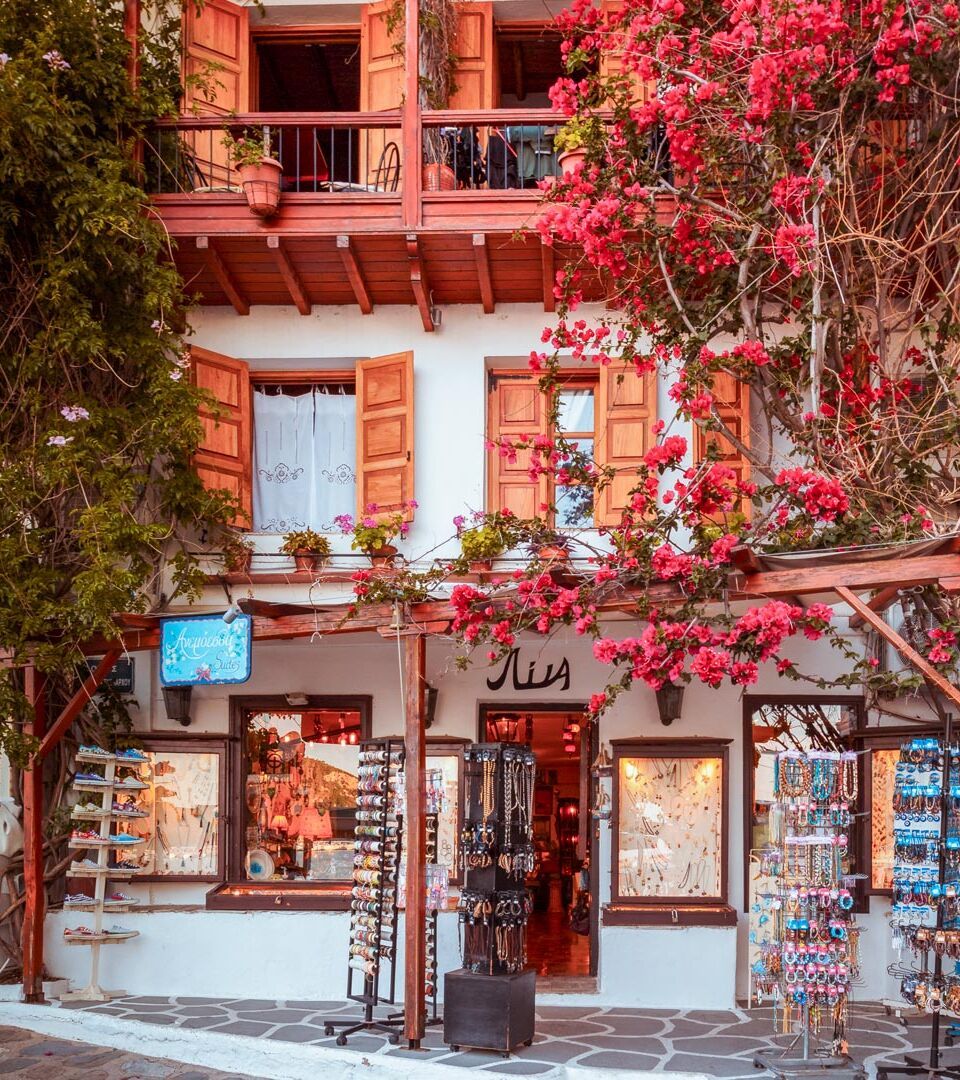Lagstone streets with whitewashed stairs, flowers on the patios, pretty windowsills, well-kept homes at Skopelos town