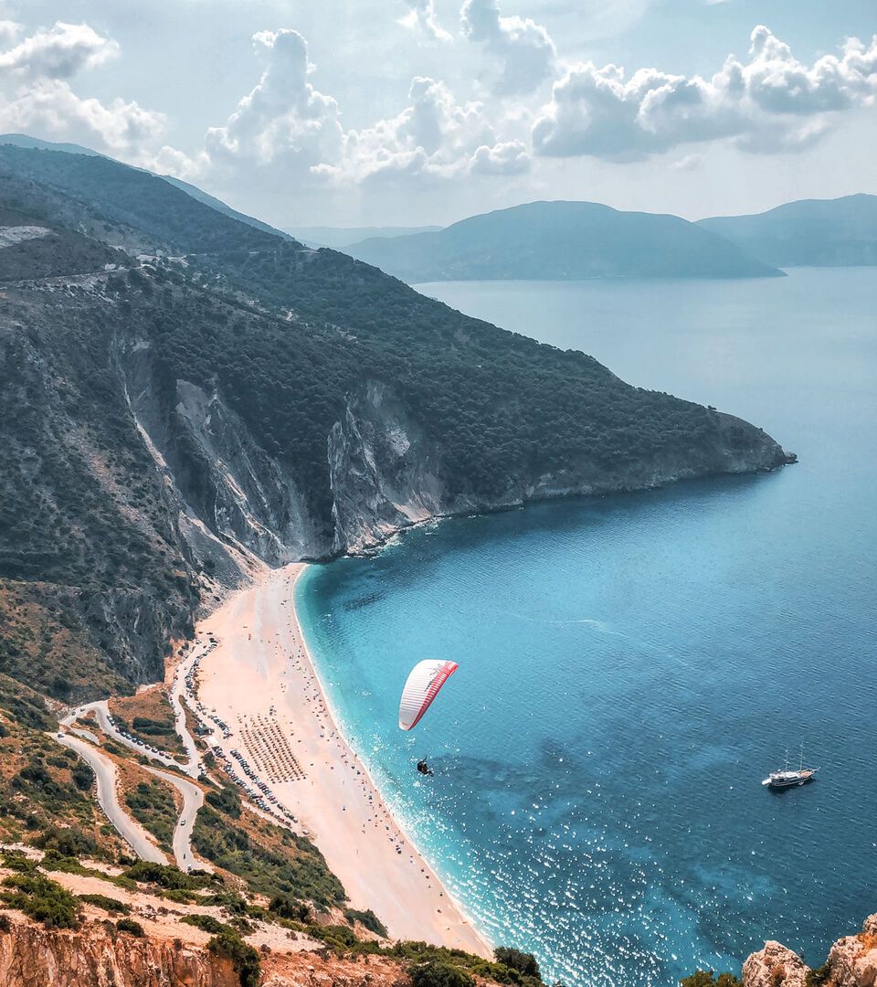 Tandem paragliding flight over Myrtos Beach, Kefalonia