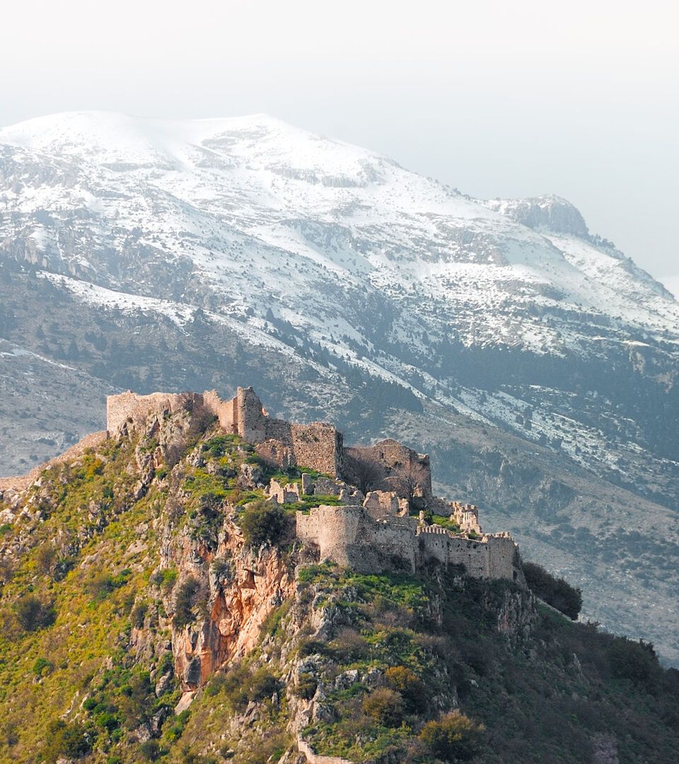 The castle of Mystras and Taygetus mountain at the background