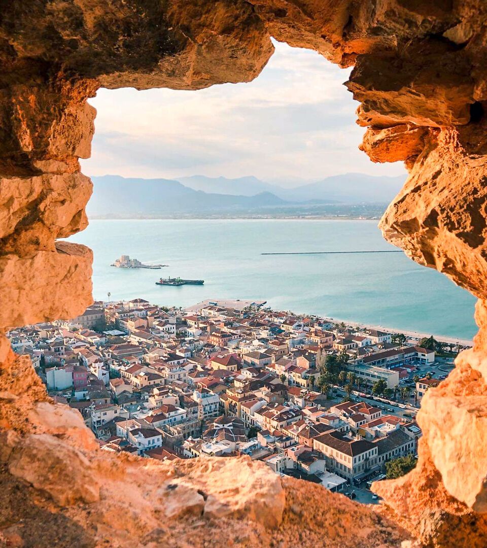 View of Nafplio city and Bourtzi Castle from Palamidi Castle