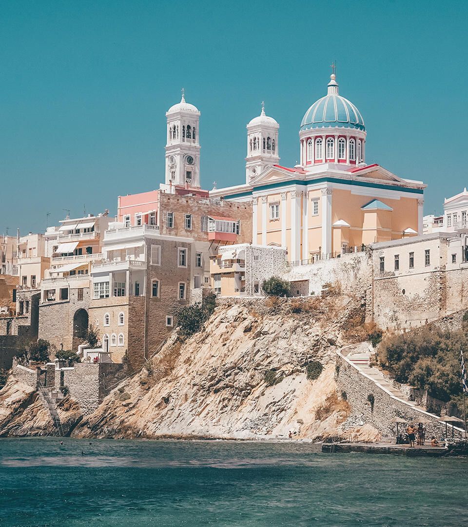 Heading northeast, you reach Ermoupouli’s magnificent main church, known locally as Agios Nikolaos of the Rich