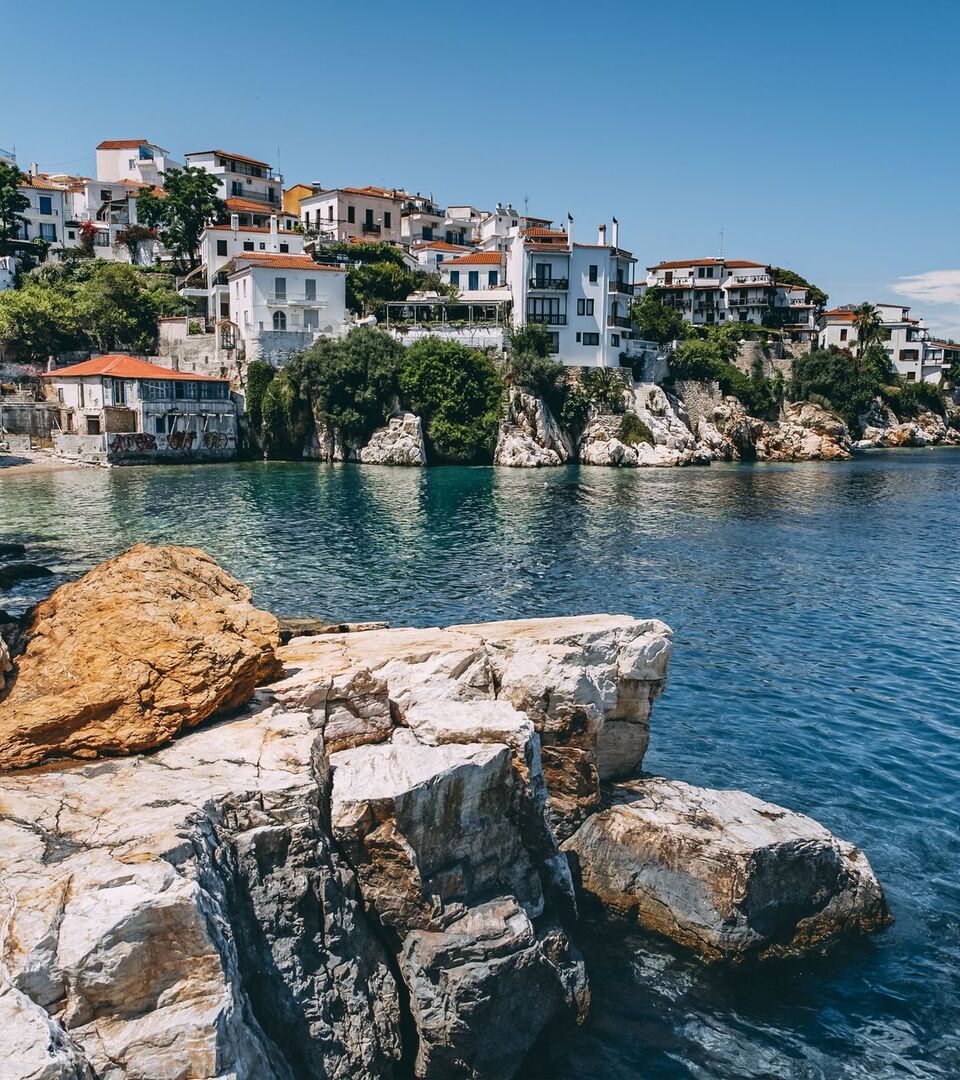 The captain’s houses of the listed Plaka district, Skiathos town