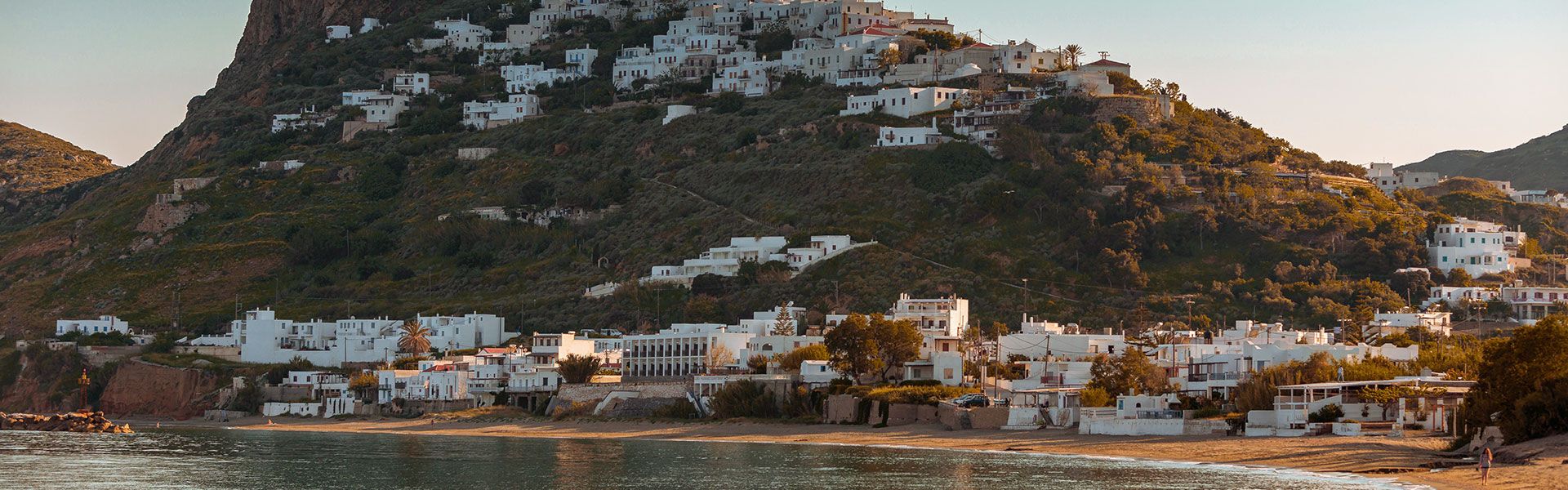 Magazia, the large and popular sandy beach, overwatching Hora, Skyros island