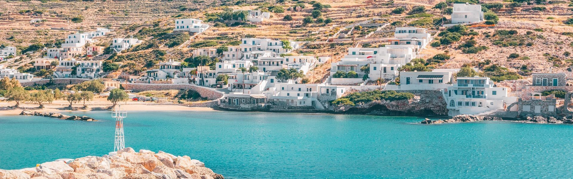 View of seaside village on Sikinos