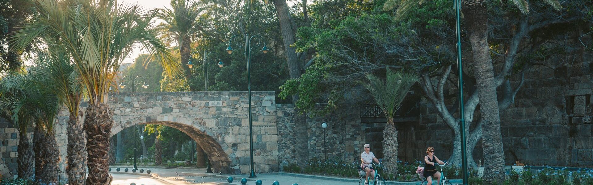 Cycling down the aptly named Finikon (Palm Tree) Avenue