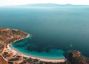 Alikes, one of most beautiful and popular beaches on the island, looking onto the Sithonia peninsula