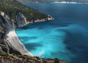 Amazing blue waters of Myrtos beach in Kefalonia