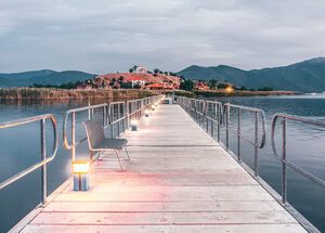 Floating bridge during sunset in Mikri Prespa Lake