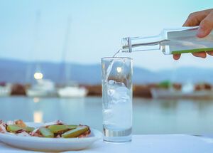 A crystal clear liquid is poured into a glass and in drops an ice cube, instantly emitting magical swirls of white