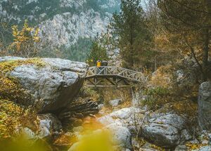 Wooden bridges criss-cross the 10km Epineas path along the densely-forested valley